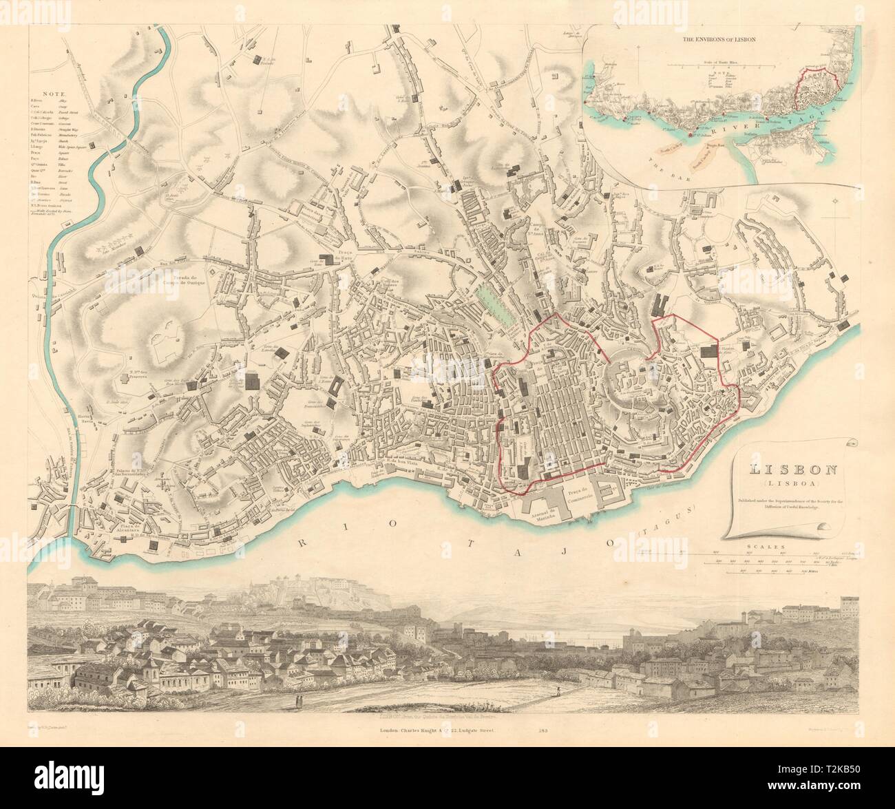 Lisbona Lisboa. Città antica città mappa piano. Inset dintorni. Panorama. SDUK 1847 Foto Stock