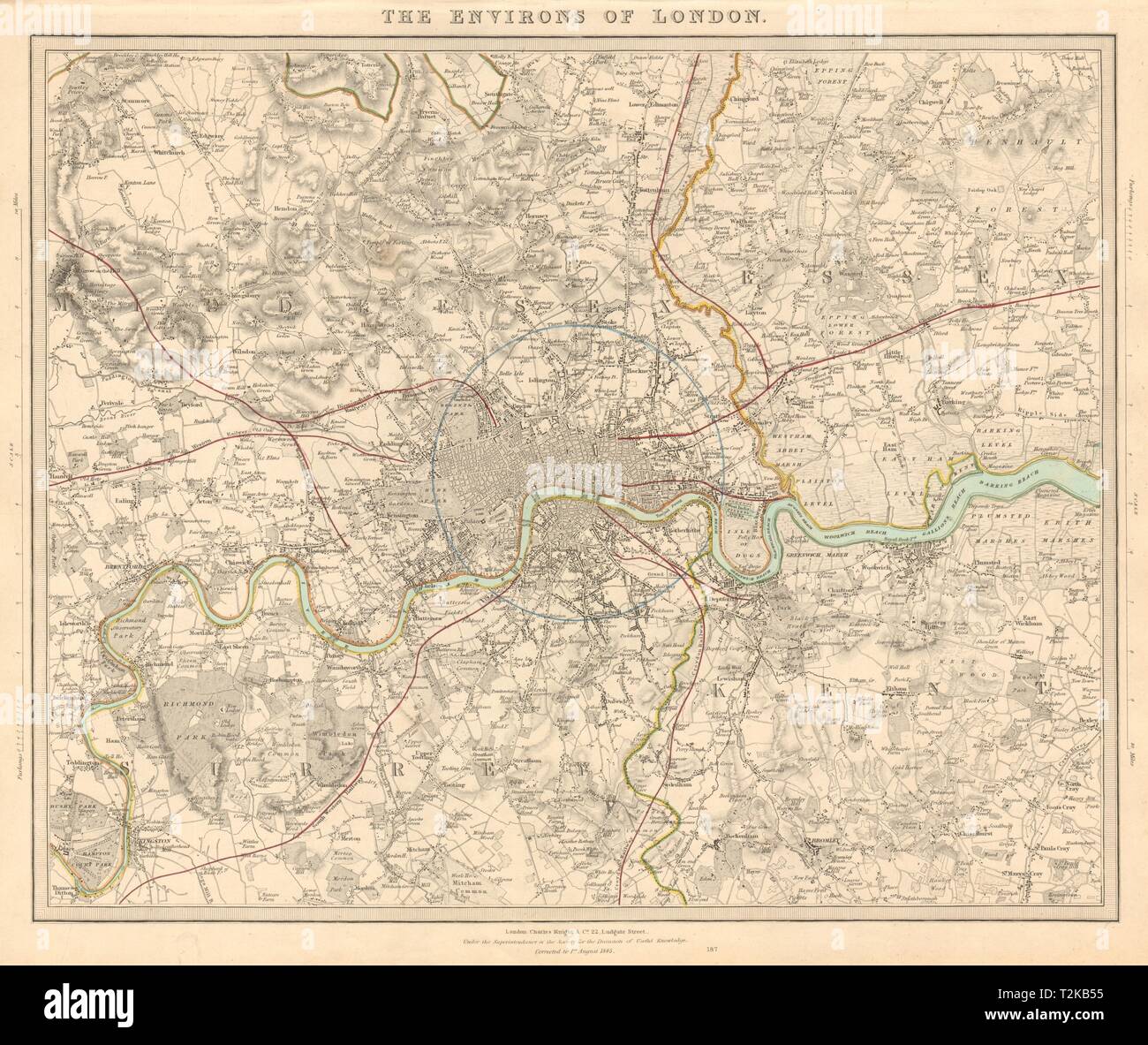 LONDON & dintorni. Middlesex Kent Essex Surrey. Colorati. SDUK 1847 mappa vecchia Foto Stock