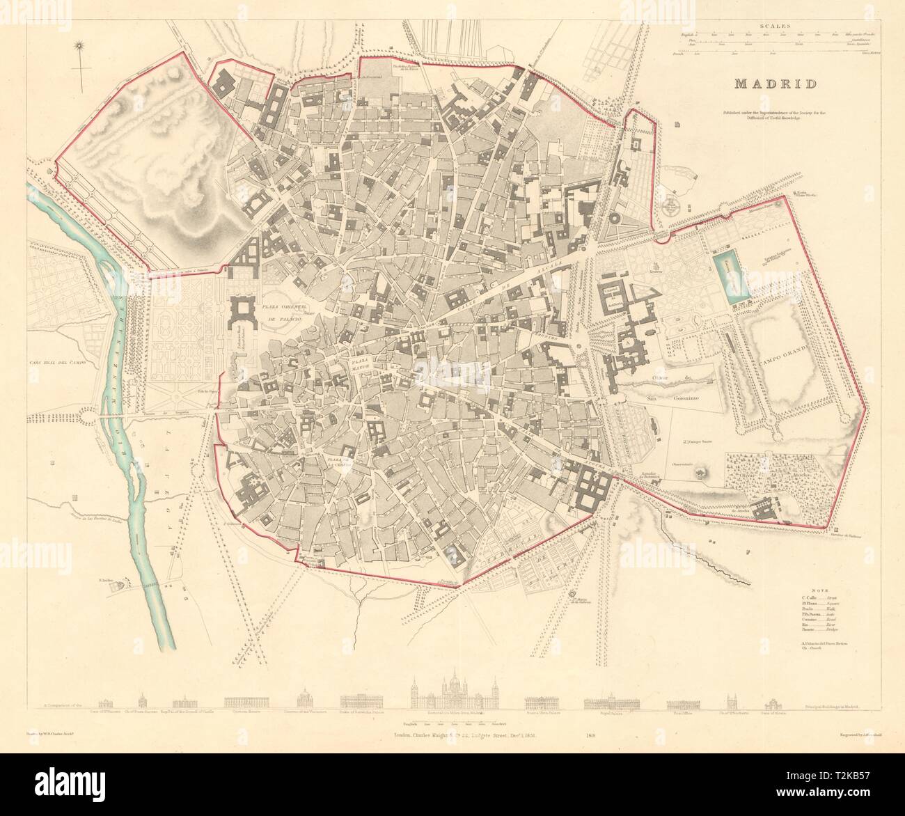 MADRID. Città antica città mappa piano. Profilo originale a colori. SDUK 1847 vecchio Foto Stock