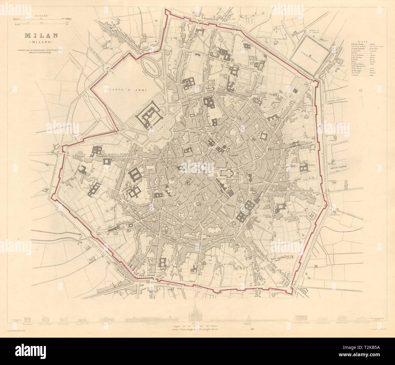 Milano Milano. Città antica città mappa piano. Edifici principali profili. SDUK 1847 Foto Stock