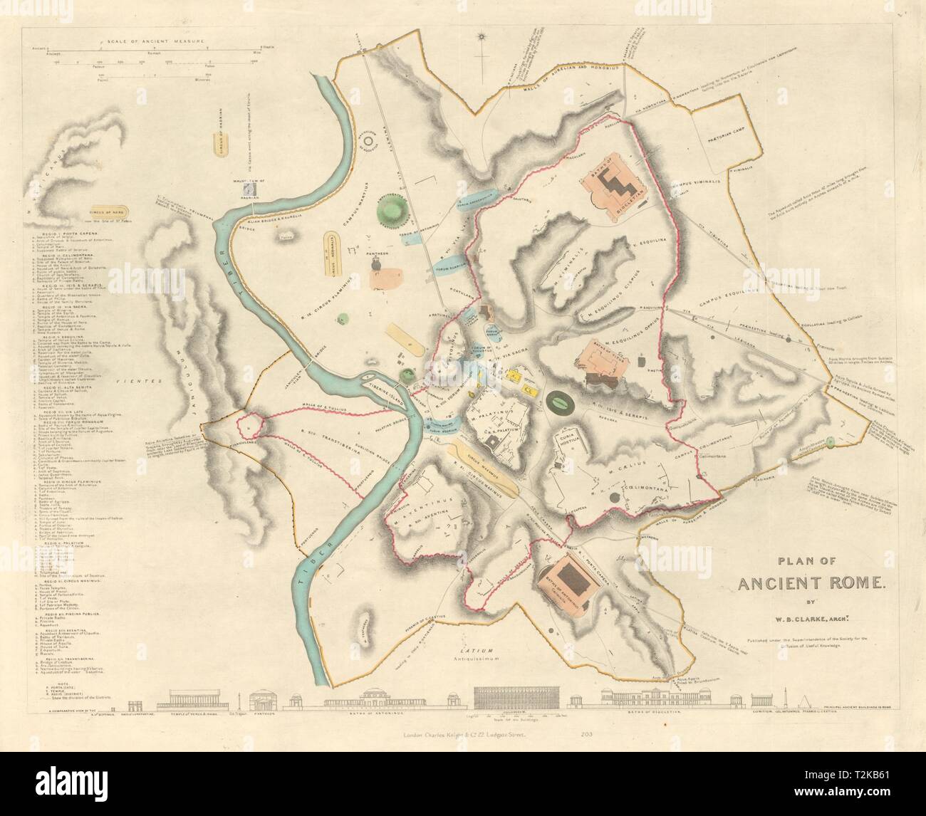 Roma Antica Roma antica città mappa della città piano. Originale la colorazione a mano. SDUK 1847 Foto Stock