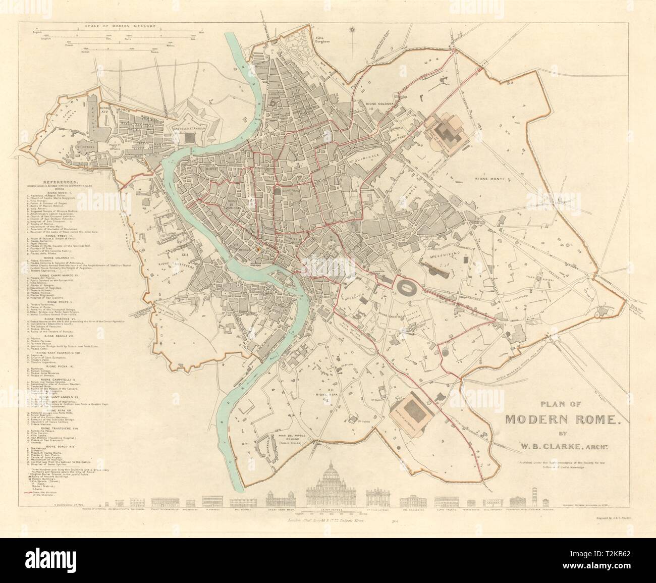 Roma Roma. Città antica città mappa piano. Originale la colorazione a mano. SDUK 1847 Foto Stock