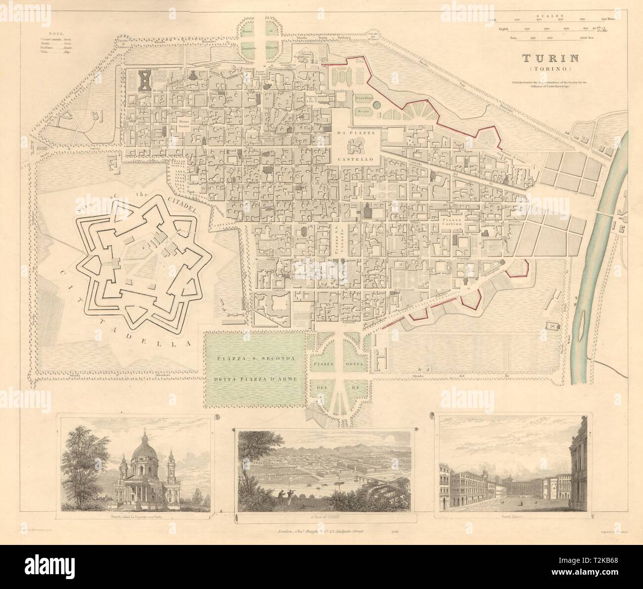 Torino Torino città antica città mappa piano e vista. Superga. Royal Palace. SDUK 1847 Foto Stock