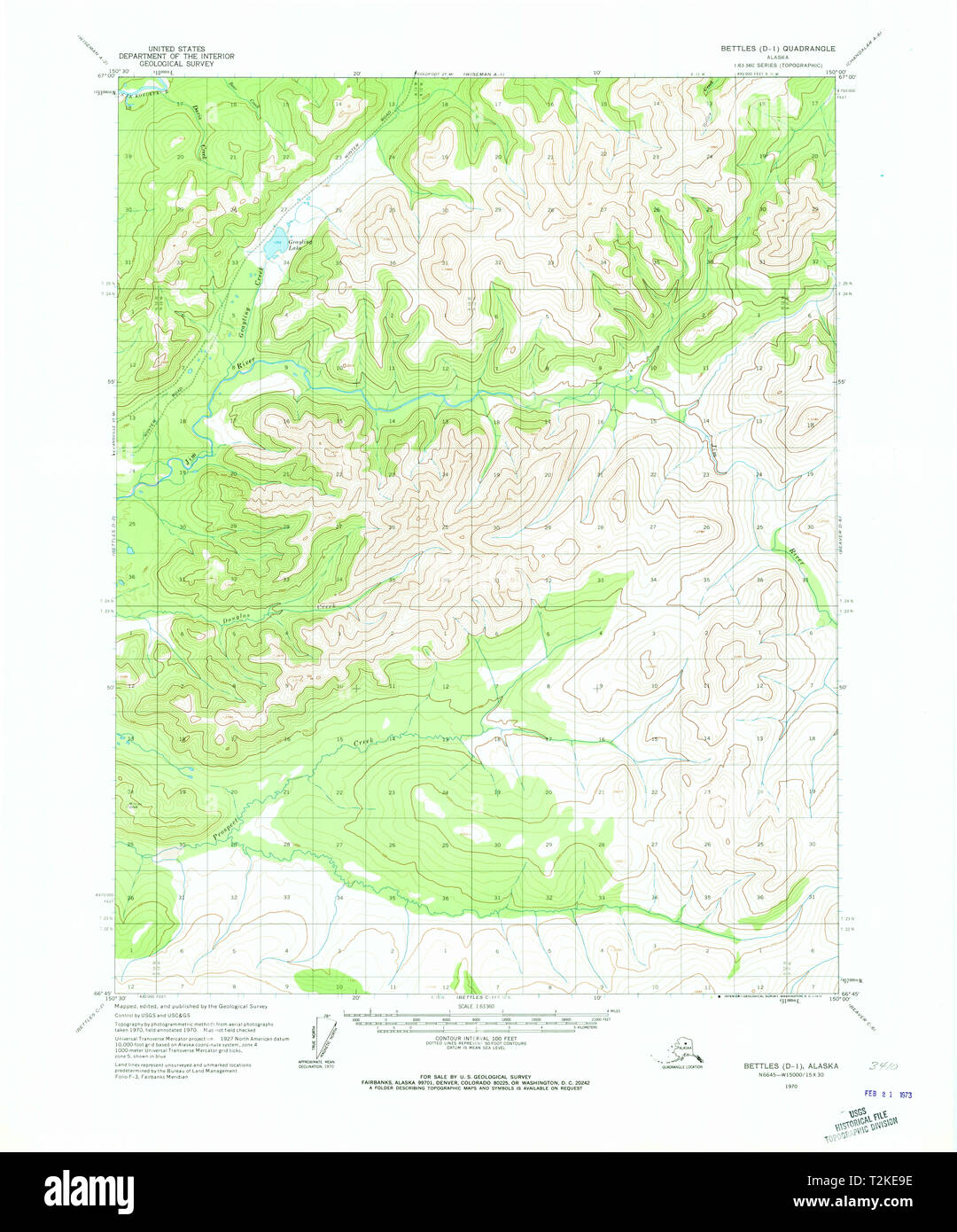 USGS TOPO Map Alaska AK Bettles D-1 354503 1970 63360 Restauro Foto Stock