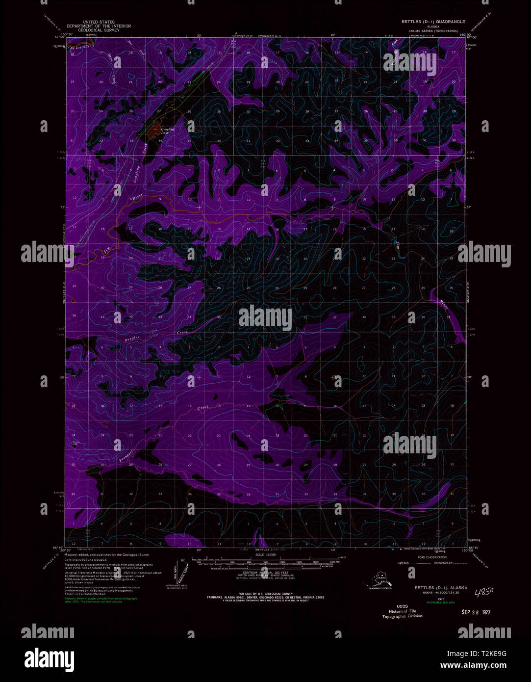 USGS TOPO Map Alaska AK Bettles D-1 354504 1970 63360 Restauro invertito Foto Stock