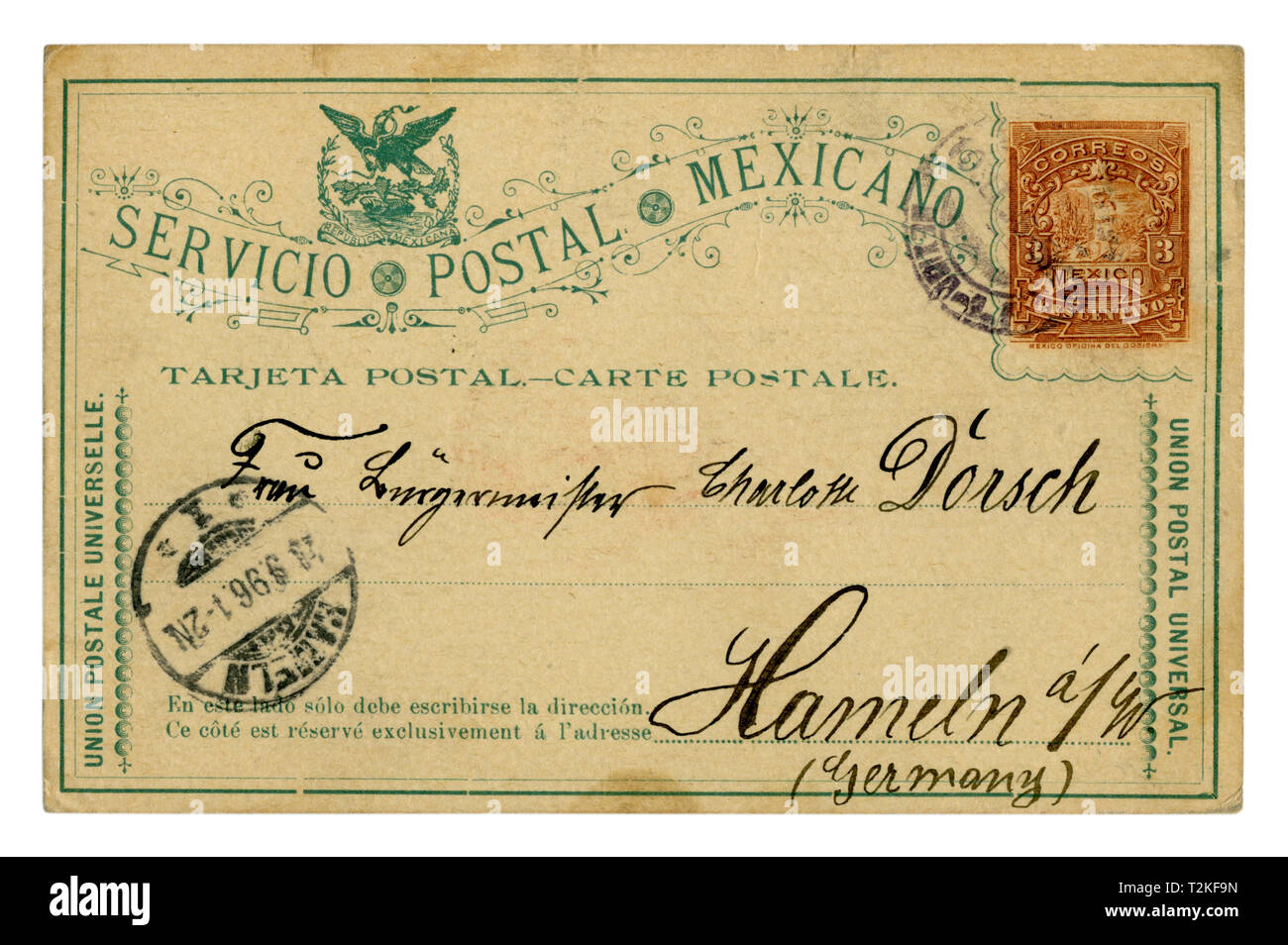 Storico messicano cartolina postale: con un timbro impresso tre centavos, indirizzata a Hameln Germania, scrittura, cancellazione 1896, Laredo, Messico Foto Stock