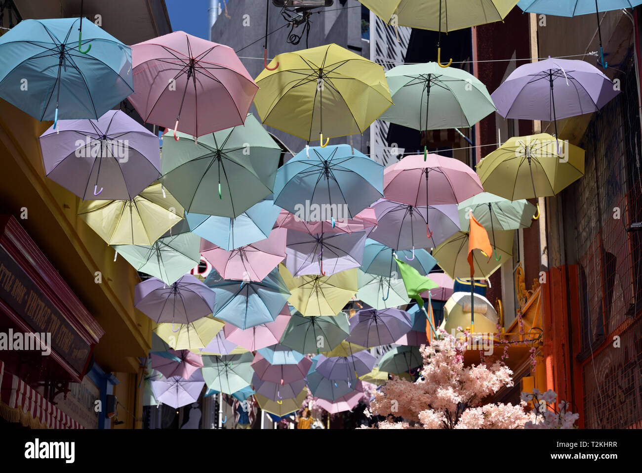 Ombrelloni colorati appesi in una strada di Psirri, Atene, Grecia Foto Stock