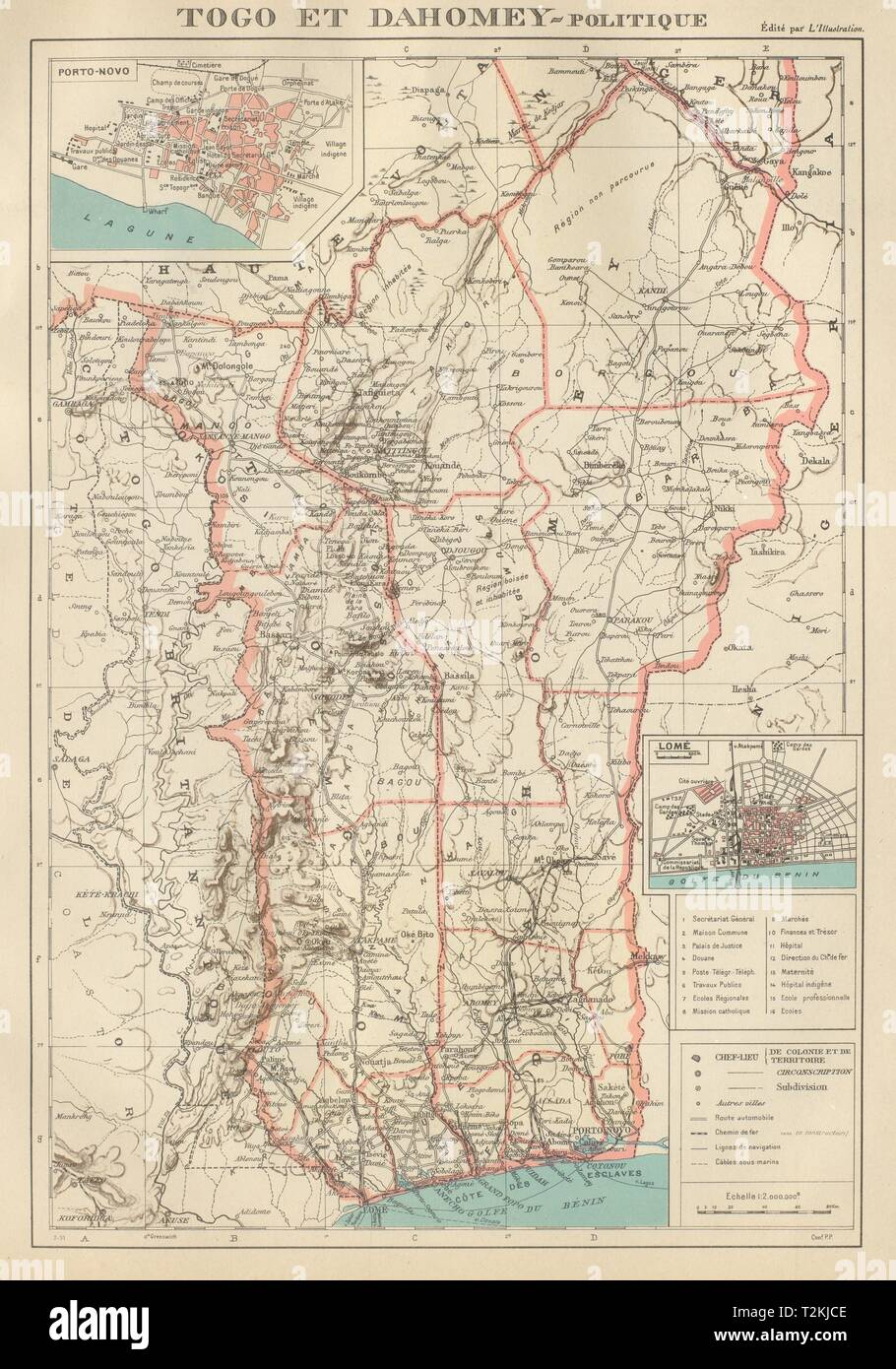 COLONIAL Togo e Benin (Dahomey). Porto Novo & città di Lomé ville piani 1931 mappa Foto Stock