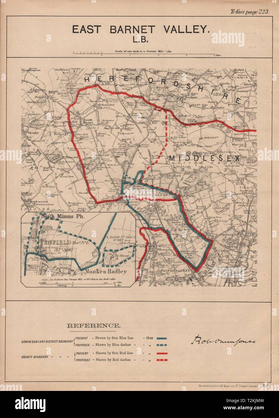 East Barnet Valley. Monken Hadley. JONES. Commissione di confine 1888 mappa vecchia Foto Stock
