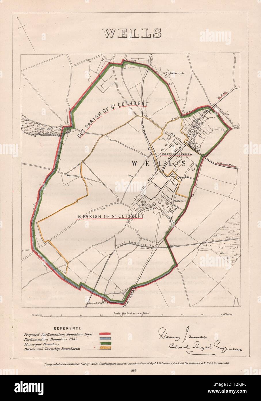 Pozzetti. JAMES. Confine parlamentare commissione 1868 antica mappa grafico Foto Stock