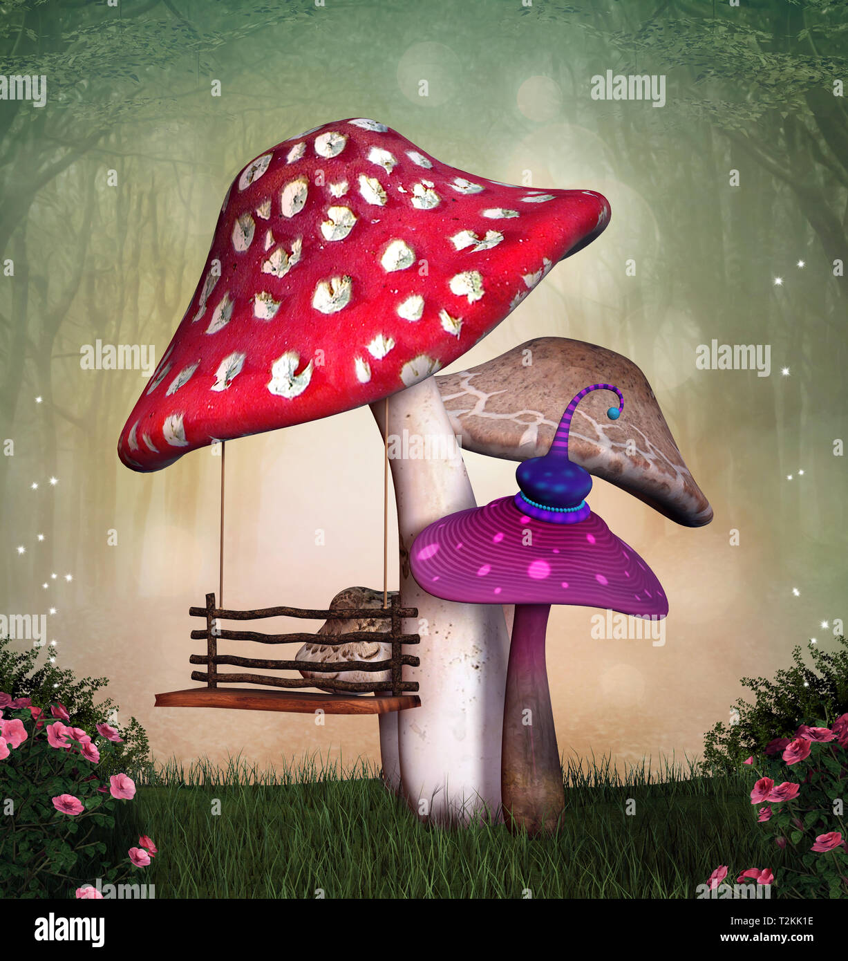 Giardino di fantasia con funghi colorati e uno swing Foto Stock