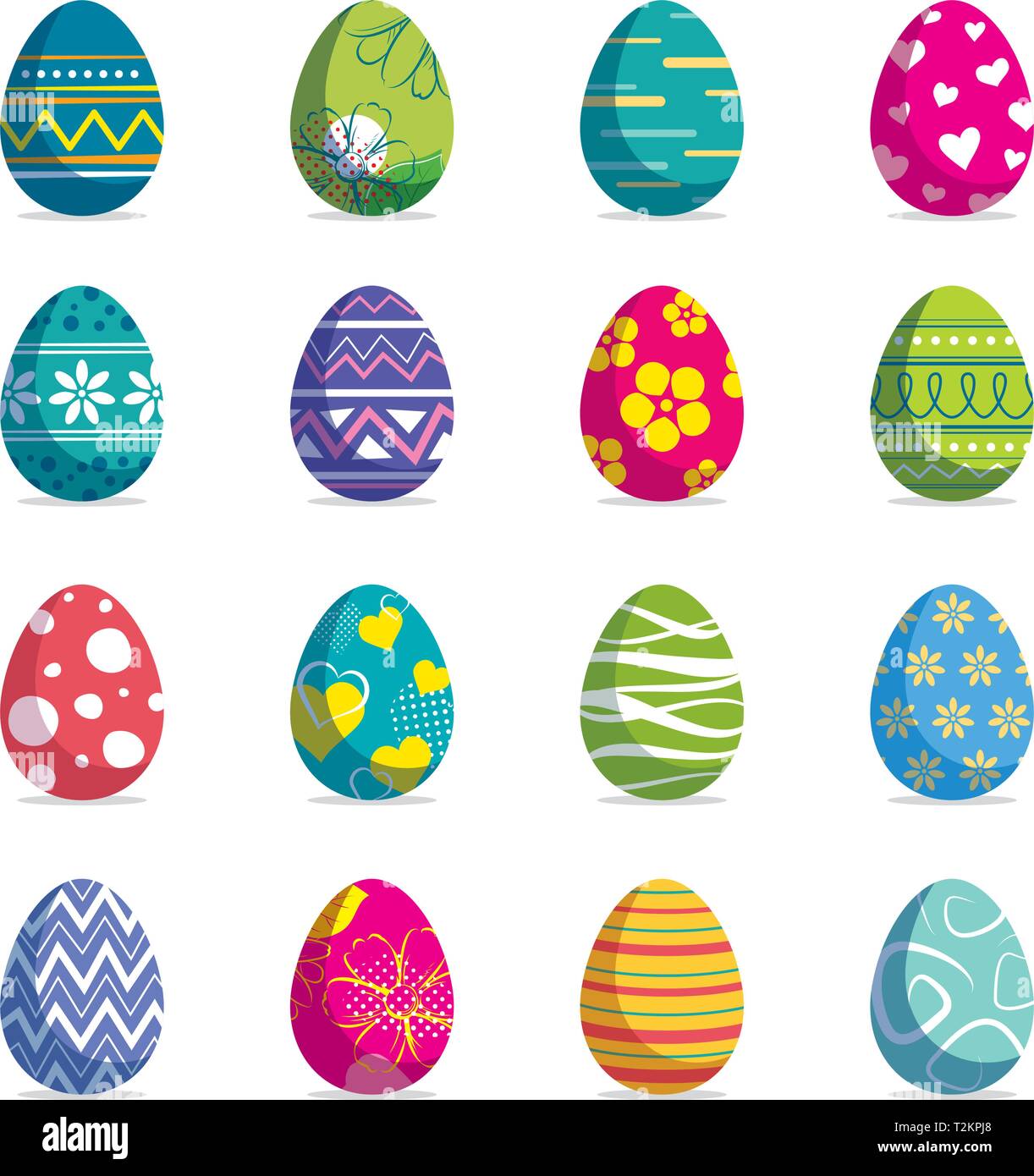 Set di uova di pasqua sfondo isolato. Moderno vettore di nuovo design con colori e motivi diversi. Illustrazione Vettoriale Set di uova di pasqua sfondo isolato. Moderno vettore di nuovo design con colori e motivi diversi. Illustrazione Vettoriale