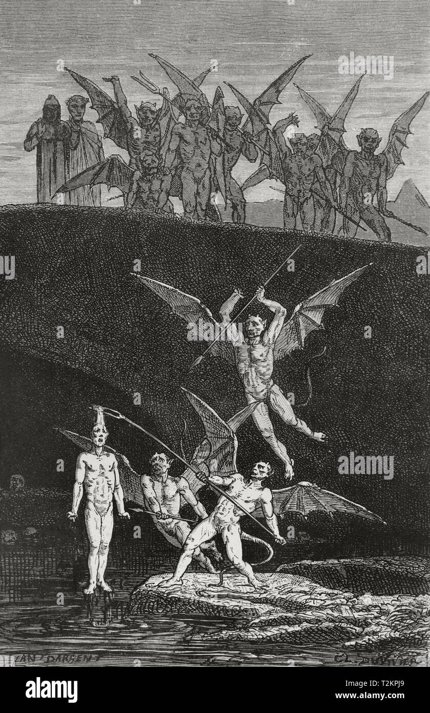 La Divina Comedia. Escrita por el poeta italiano Dante Alighieri (1265-1321). El Infierno. 'Le enganchó por los cabellos... y lo sacó fuera'. Versión castellana de Don Enrique de Montalbán. Grabado realizado por el ilustrador francés Yann Dargent (1824-1899). París, 1888. Biblioteca Histórico Militar de Barcelona. Cataluña, España. Foto Stock