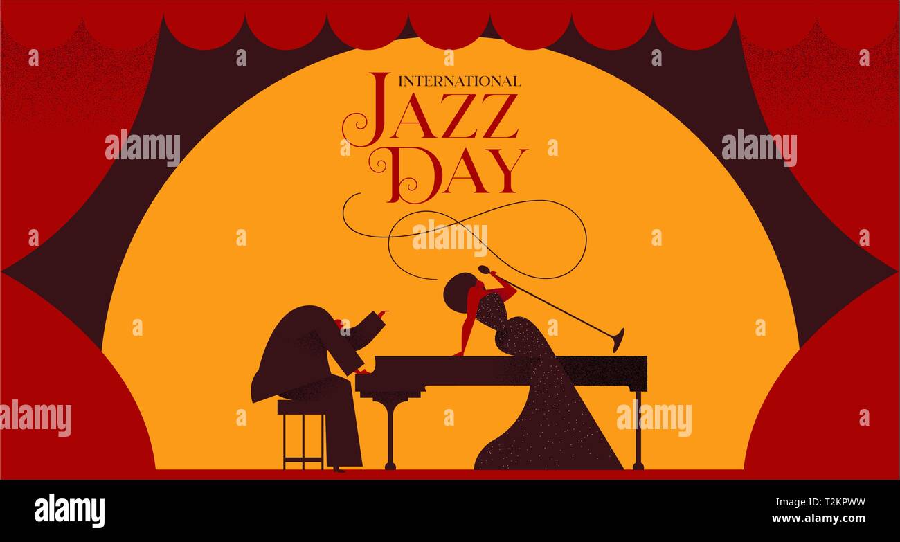 International Jazz giorno banner illustrazione della donna elegante cantante e pianista per speciale concerto o evento. Illustrazione Vettoriale