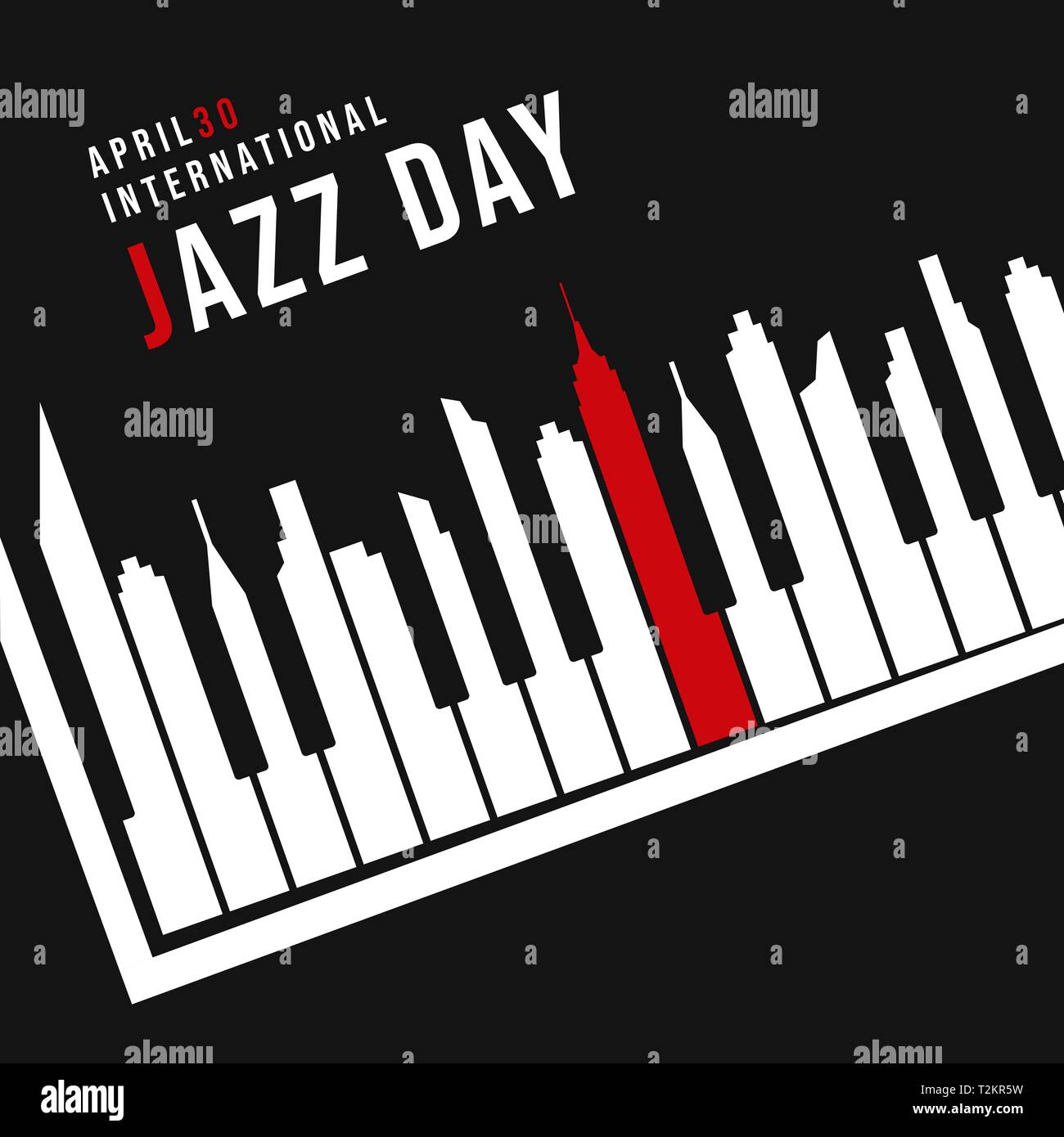 International Jazz giorno concetto illustrazione per la celebrazione musicale evento. Tasti di pianoforte come skyline della città silhouette di notte. Illustrazione Vettoriale