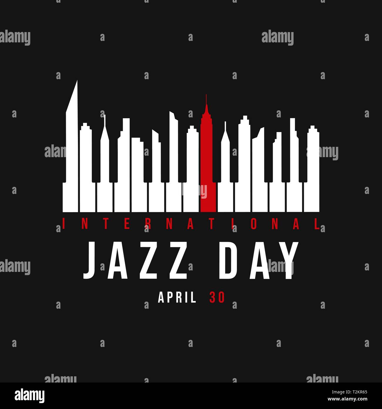 International Jazz giorno concetto illustrazione per la celebrazione musicale evento. Tasti di pianoforte come skyline della città silhouette di notte. Illustrazione Vettoriale
