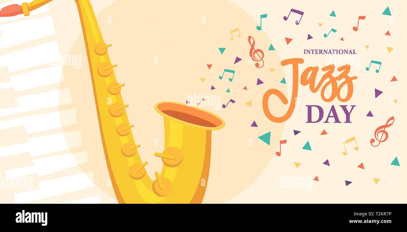 International Jazz giorno illustrazione del sassofono e colorato note musicali per i concerti o festival evento di celebrazione. Illustrazione Vettoriale