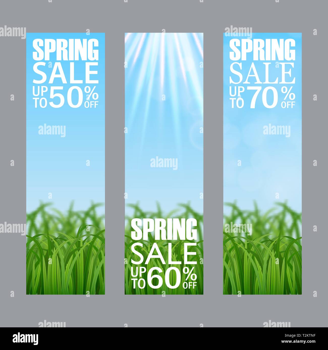 Set di molla di vettore di vendita banner verticale. Realistico erba verde. Modello vuoto, vettore mockup per il sito di banner, annunci pubblicitari, opuscoli, poster, flyer. Discou Illustrazione Vettoriale
