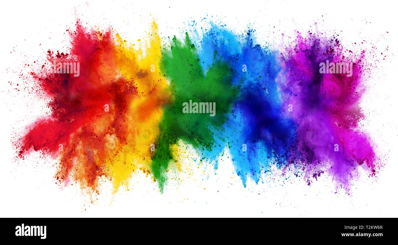 Arcobaleno colorato holi di vernice in polvere di colore esplosione isolato su bianco ampio panorama sullo sfondo Foto Stock