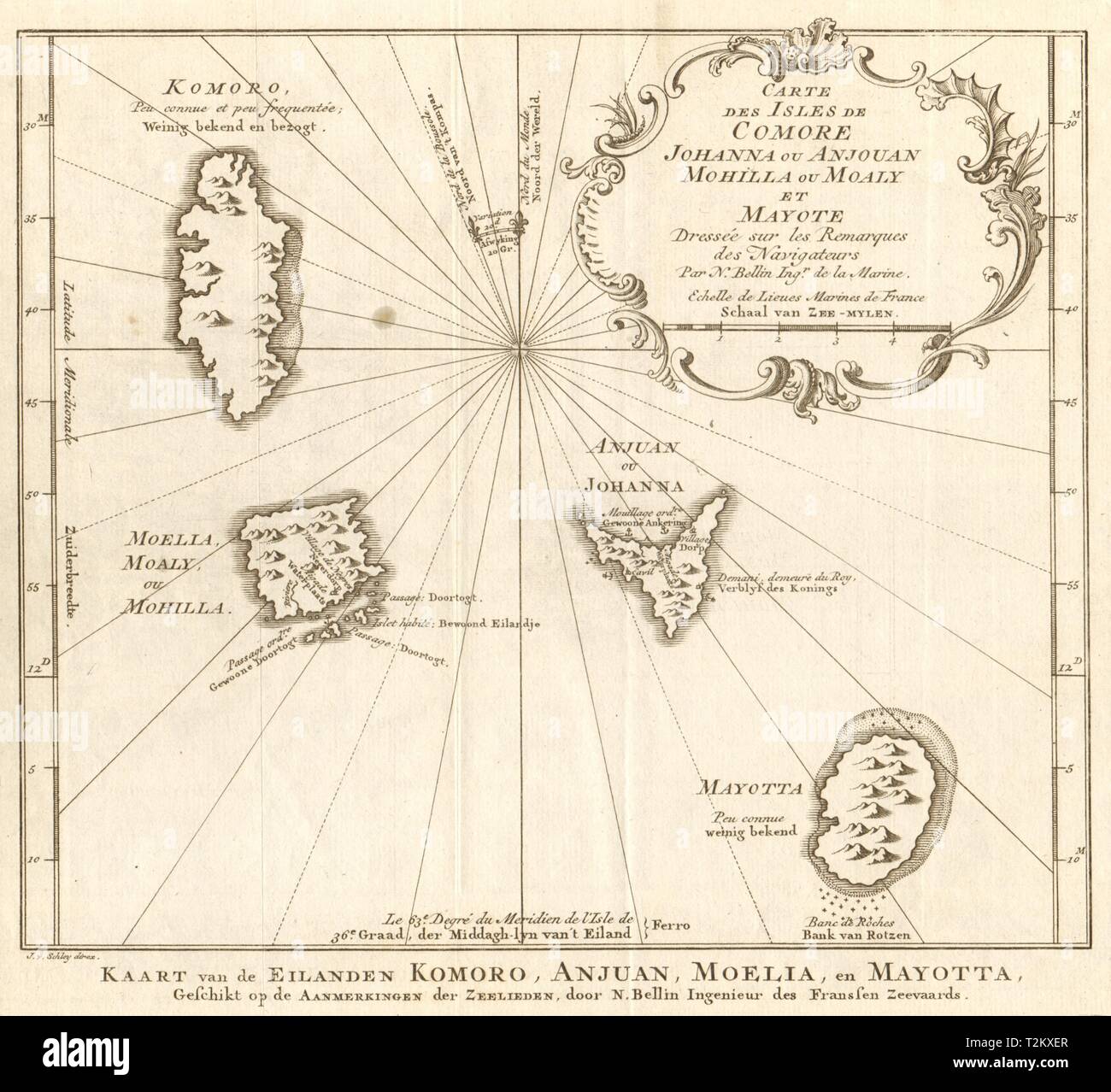 "Isles de Comore, Johanna ou Anjouan… & Mayotte". Comore Bellin/SCHLEY 1748 mappa Foto Stock