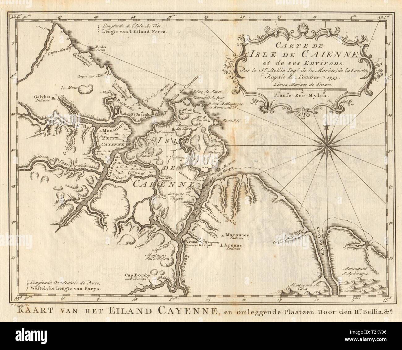 Carte de I'Isle de Caienne'. Cayenne, Guiana francese. BELLIN/SCHLEY 1757  mappa Foto stock - Alamy