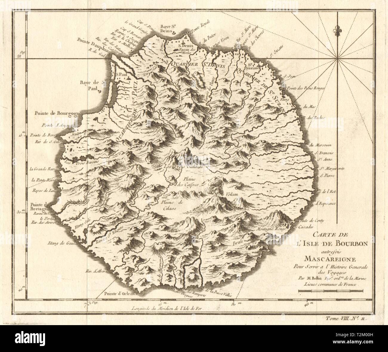 "Carte de l'Isle de Bourbon, autrefois Mascareigne'. La Réunion. BELLIN 1750 mappa Foto Stock