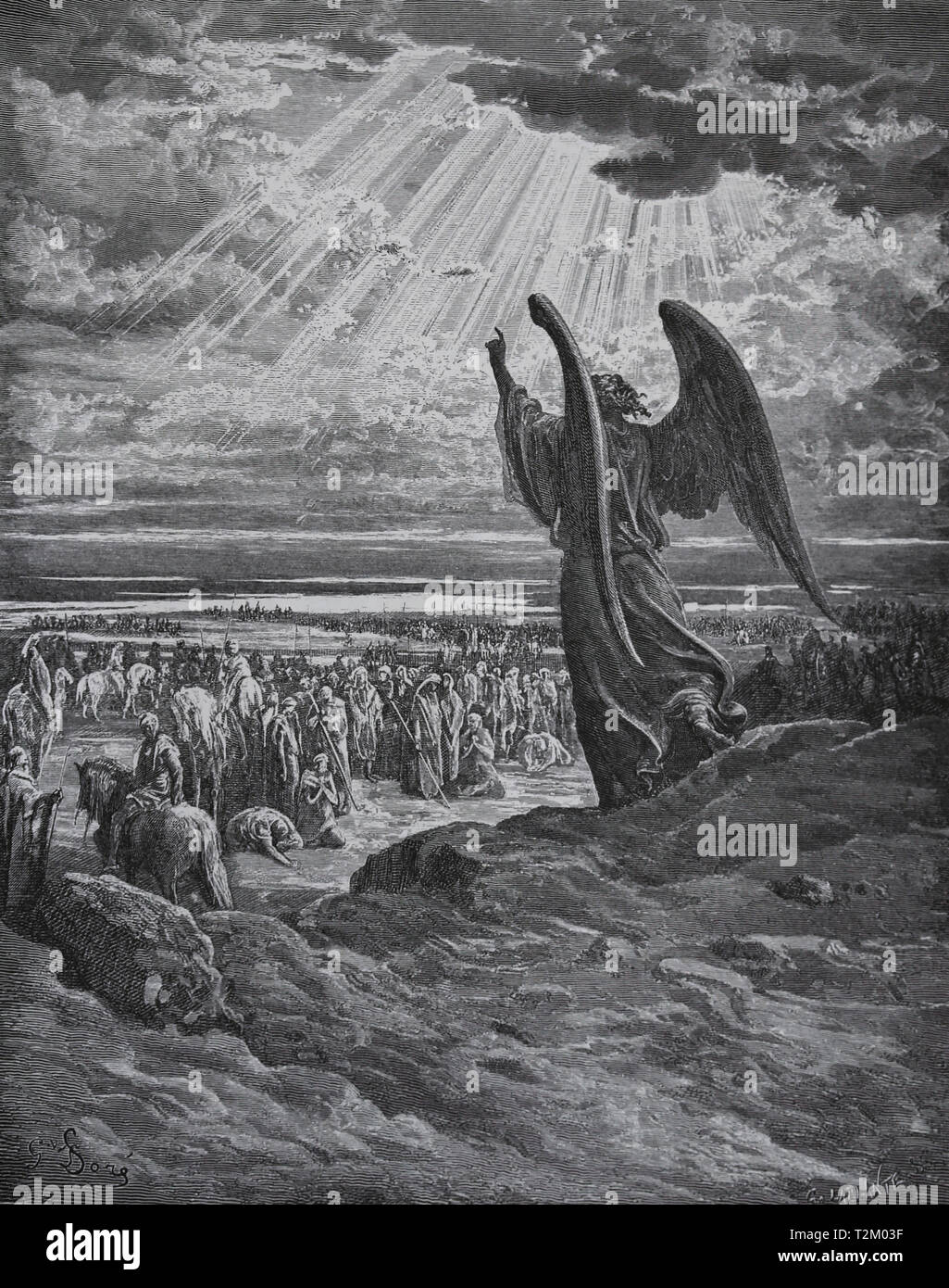 Un angelo appare agli Israeliti. Conquista di Cannan. La Bibbia, Libro di Giosuè. Incisione di Gustave Dore, 1866 Foto Stock