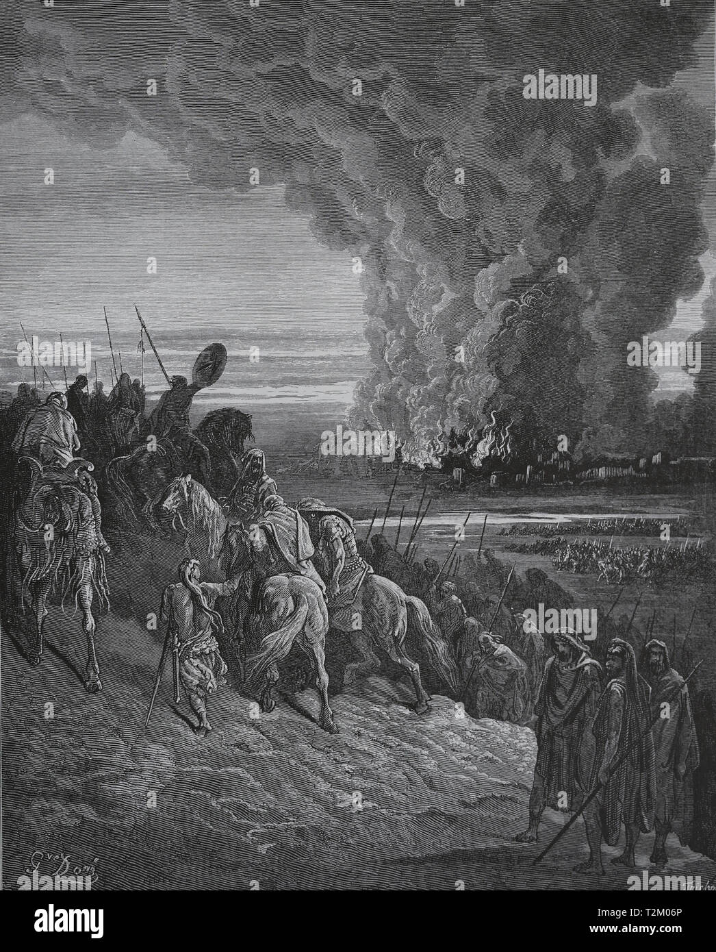 La bibbia. Libro di Giosuè. Joshua brucia la città di IA. Conquista di Canaan. Incisione di Gustave Dore, 1866 Foto Stock