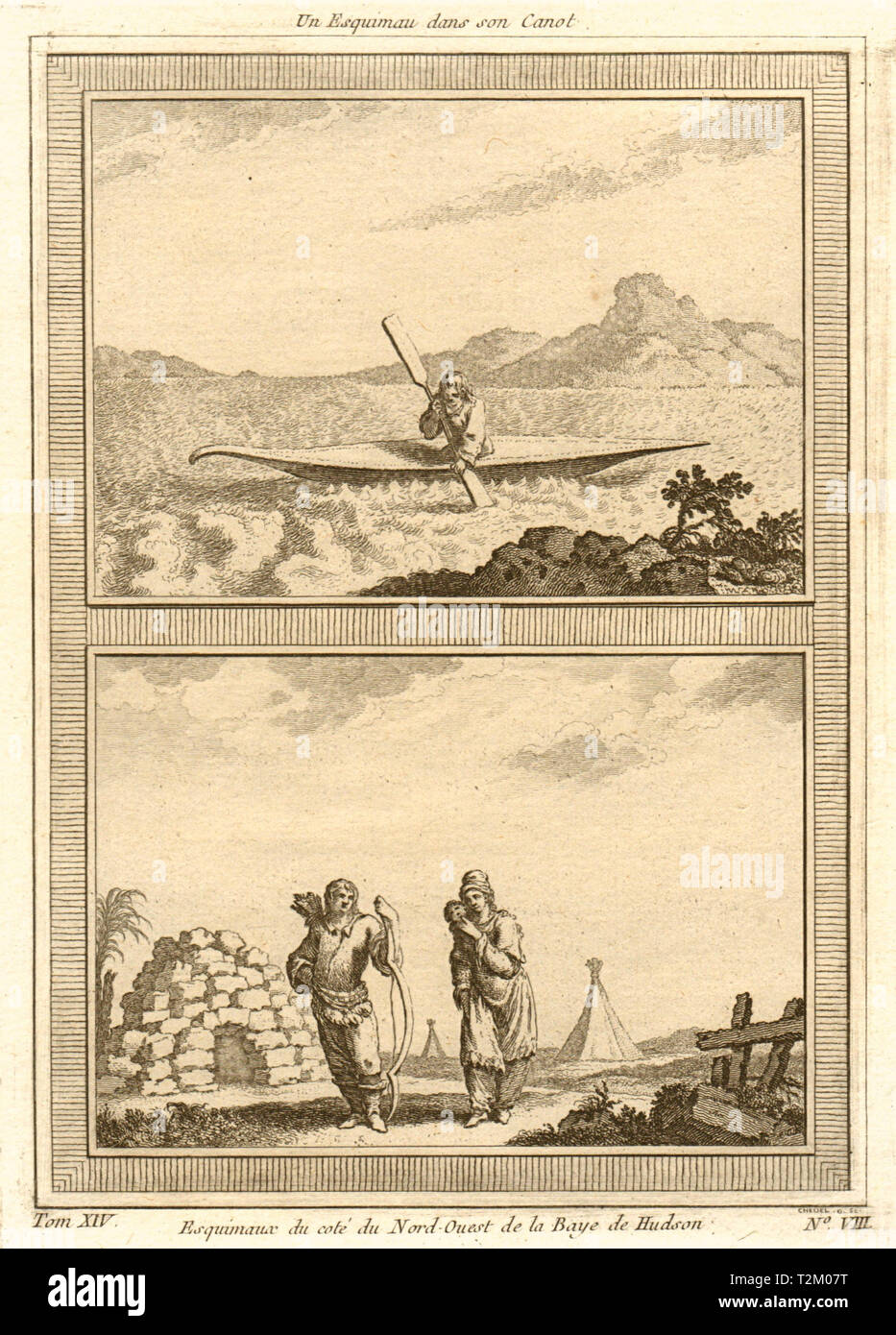 Un eschimese nella sua canoa. Eskimos della parte nordoccidentale della Hudson's Bay 1757 Foto Stock