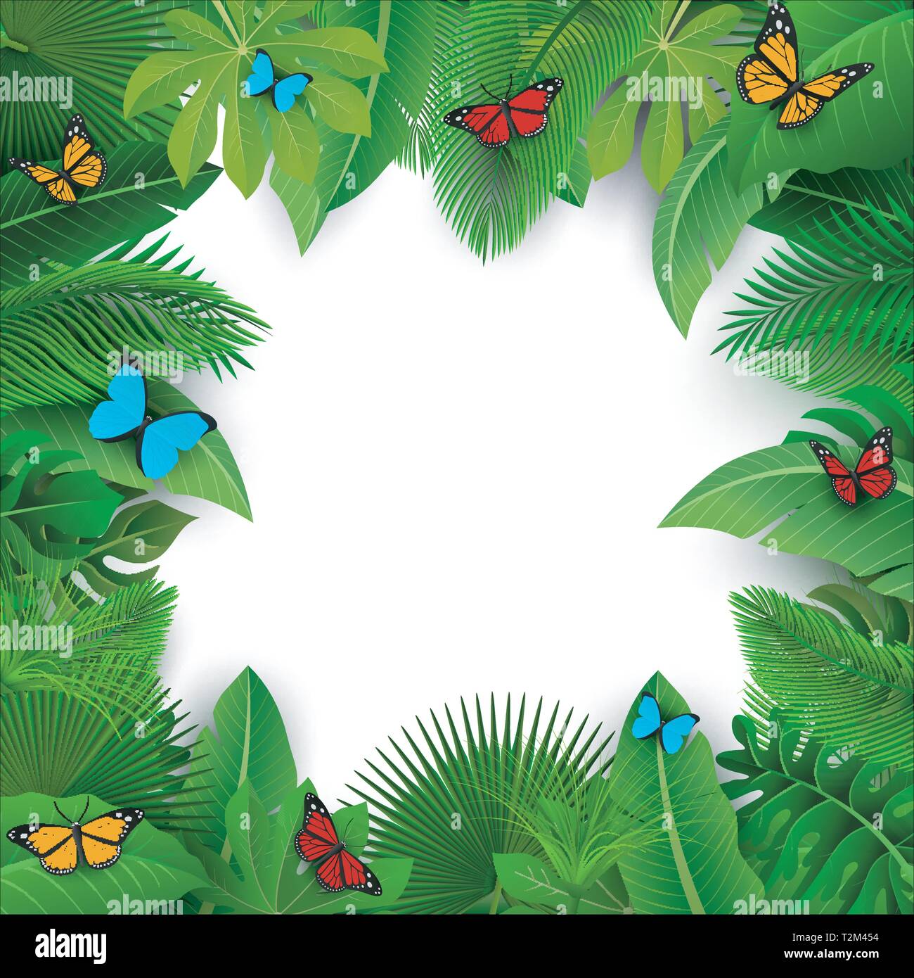 Sfondo con lo spazio di testo di foglie tropicali e farfalle. Adatto per il concetto di natura, vacanza e vacanze estive. Illustrazione Vettoriale Illustrazione Vettoriale