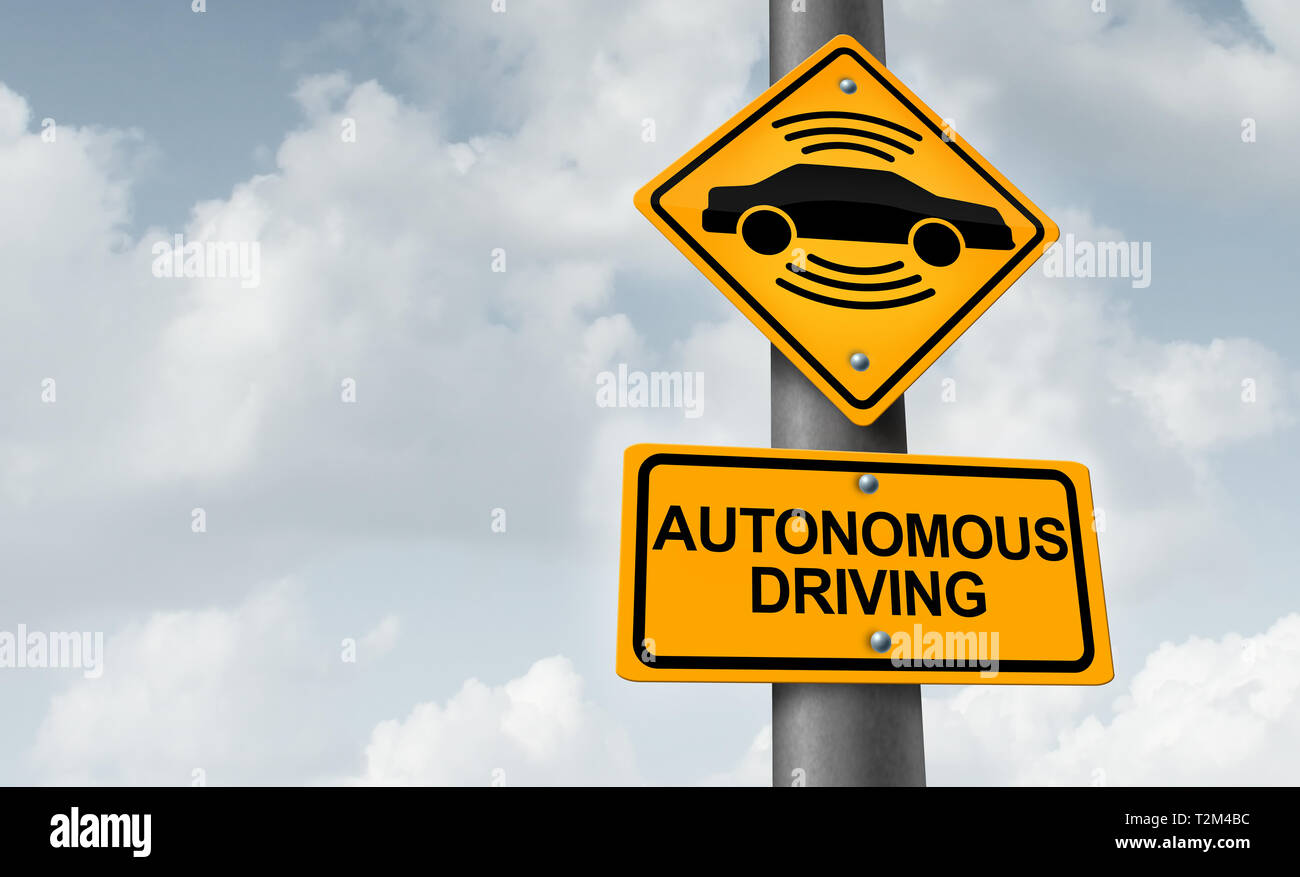 Guida autonoma e driverless simbolo auto o auto durante la guida del veicolo concetto tecnologico come 3D'illustrazione. Foto Stock