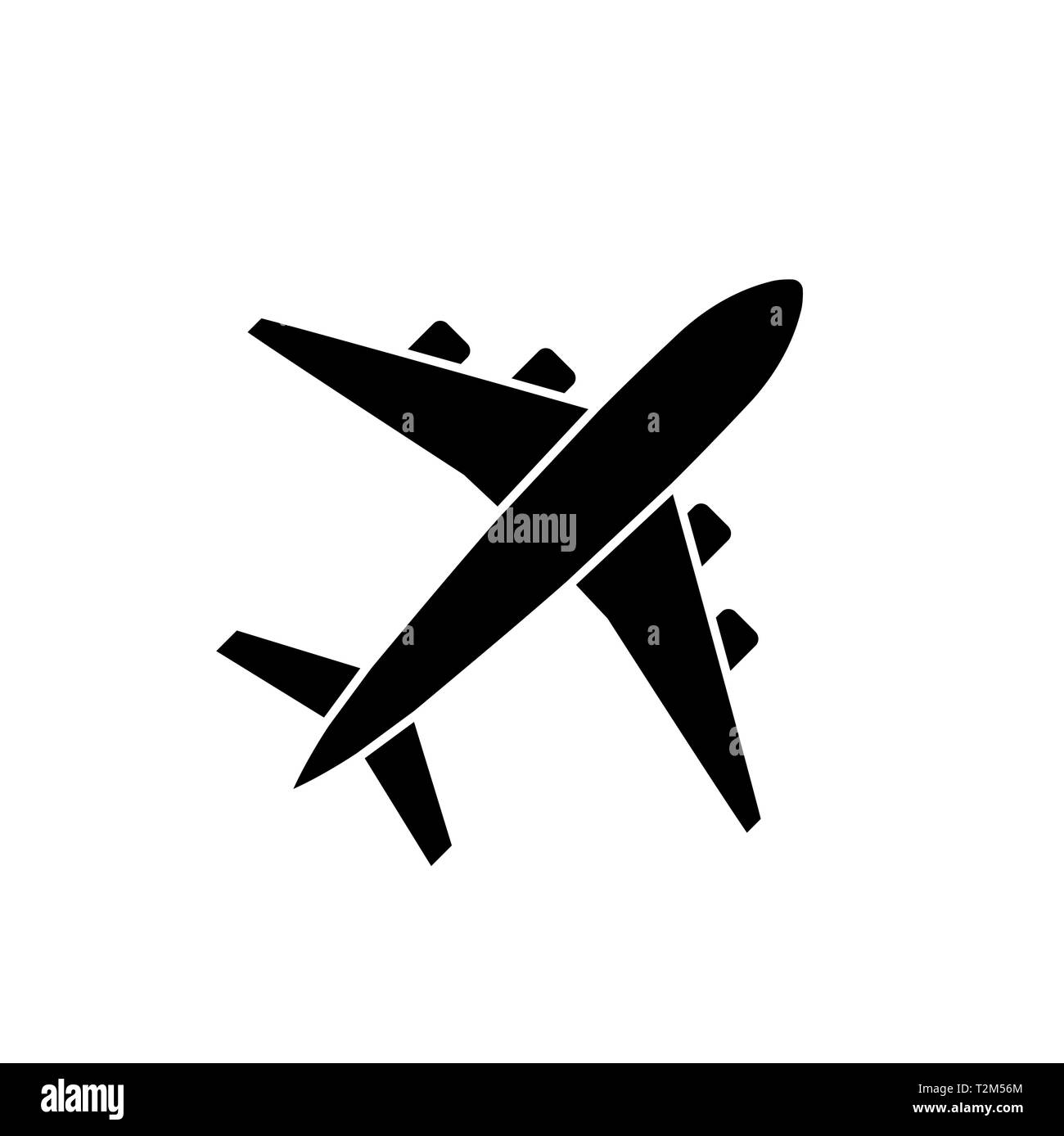 Icona del piano nella isolato nero su sfondo bianco. Simbolo di aereo in stile appartamento. Abstract icona aereo. Illustrazione Vettoriale. Illustrazione Vettoriale