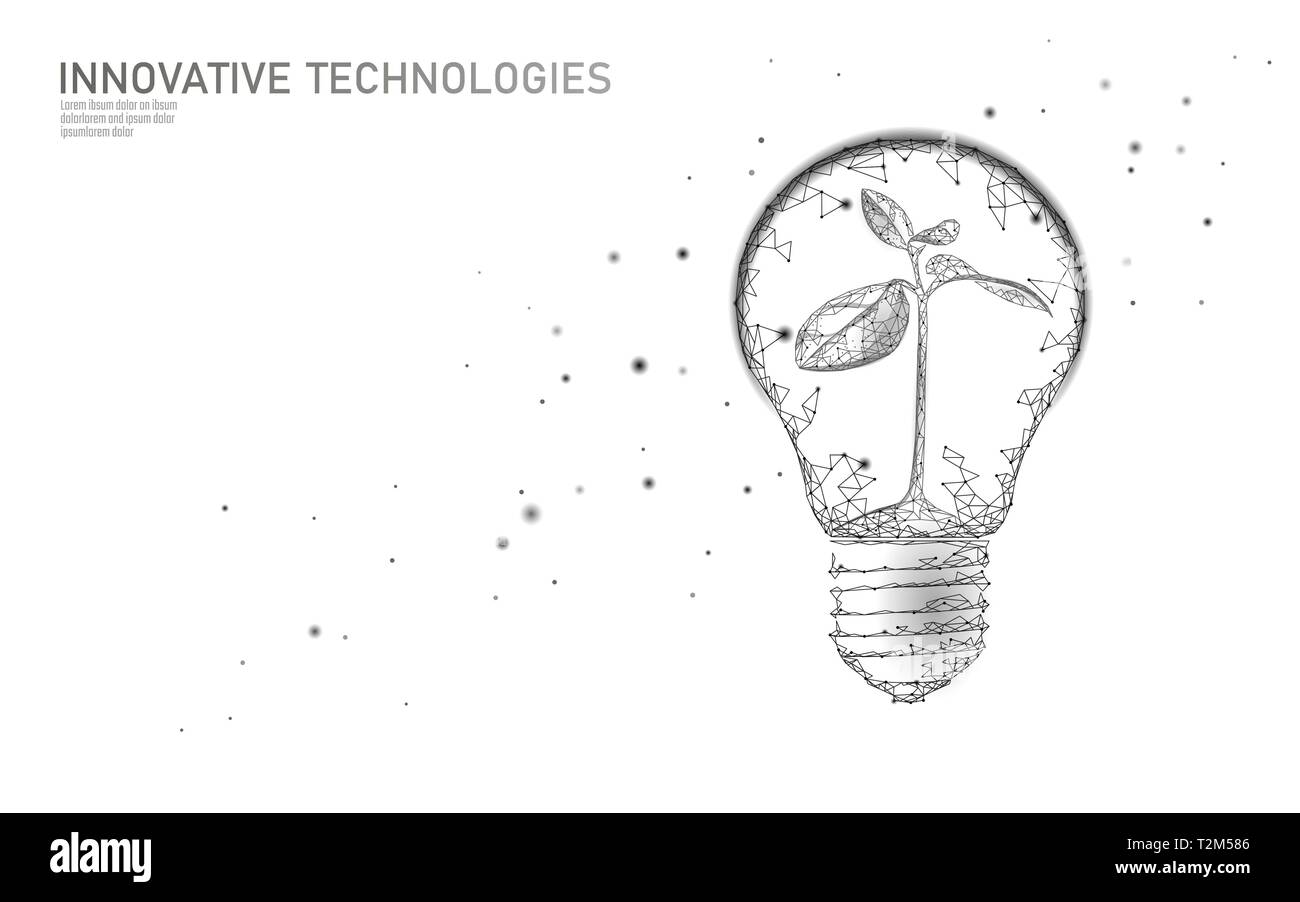 Lampadina della luce di lampada risparmio energetico il concetto di ecologia. Luce poligonale germoglio bianco pianta piccola piantina all'interno di elettricità verde potenza energetica banner vettore i Illustrazione Vettoriale