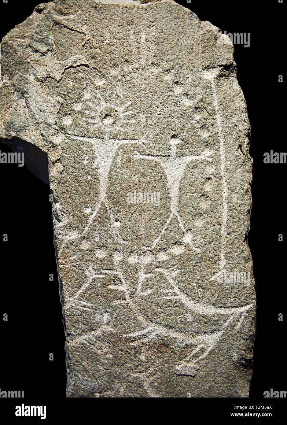 Petroglifi preistorici, incisioni rupestri, di disegni geometrici scolpiti dalla preistoria Camuni persone, Museo della Preistoria in Val Camonica, Italia Foto Stock