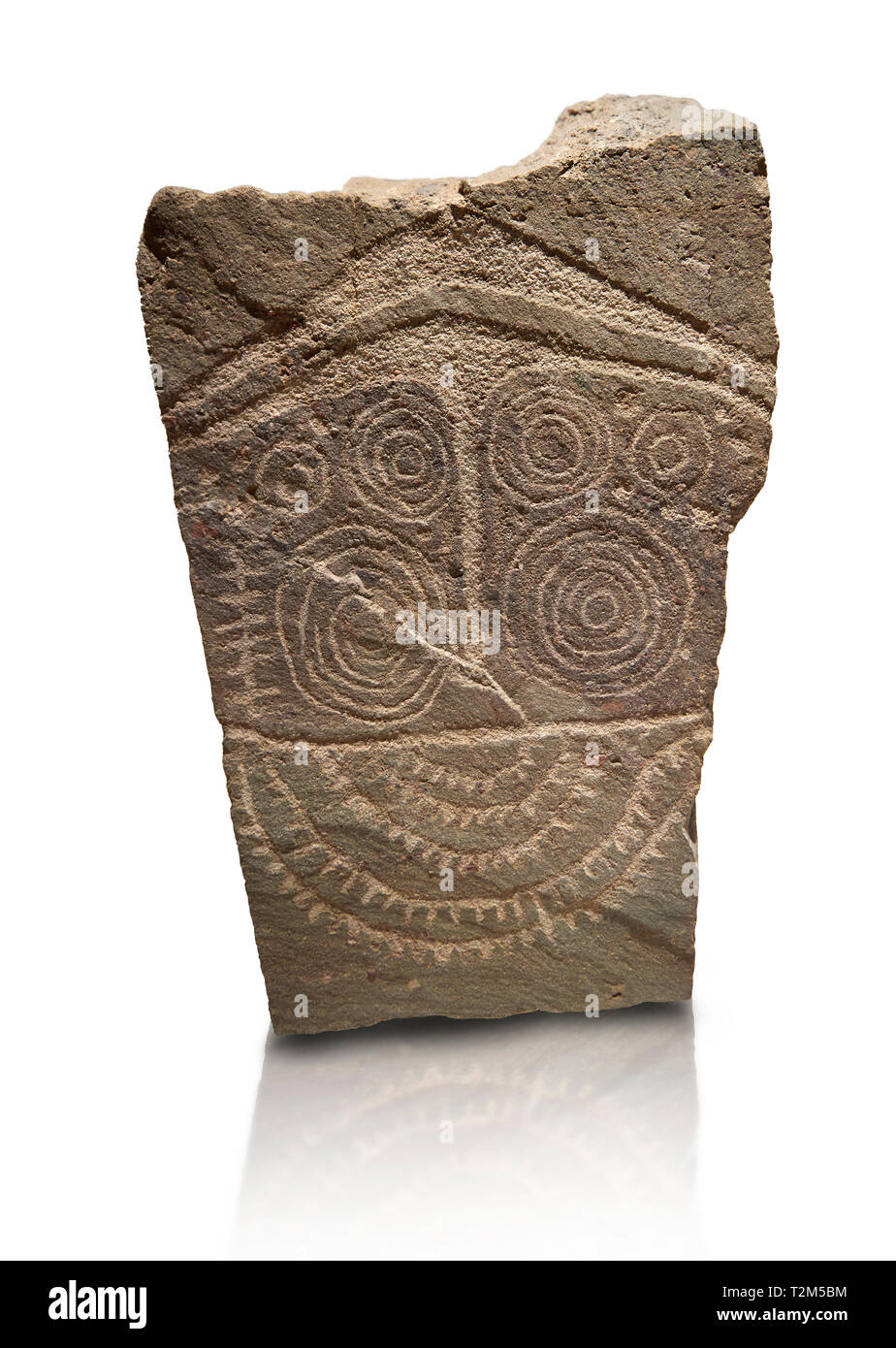 Petroglifi preistorici, incisioni rupestri, di disegni geometrici scolpiti dalla preistoria Camuni persone, Museo della Preistoria in Val Camonica, Italia Foto Stock