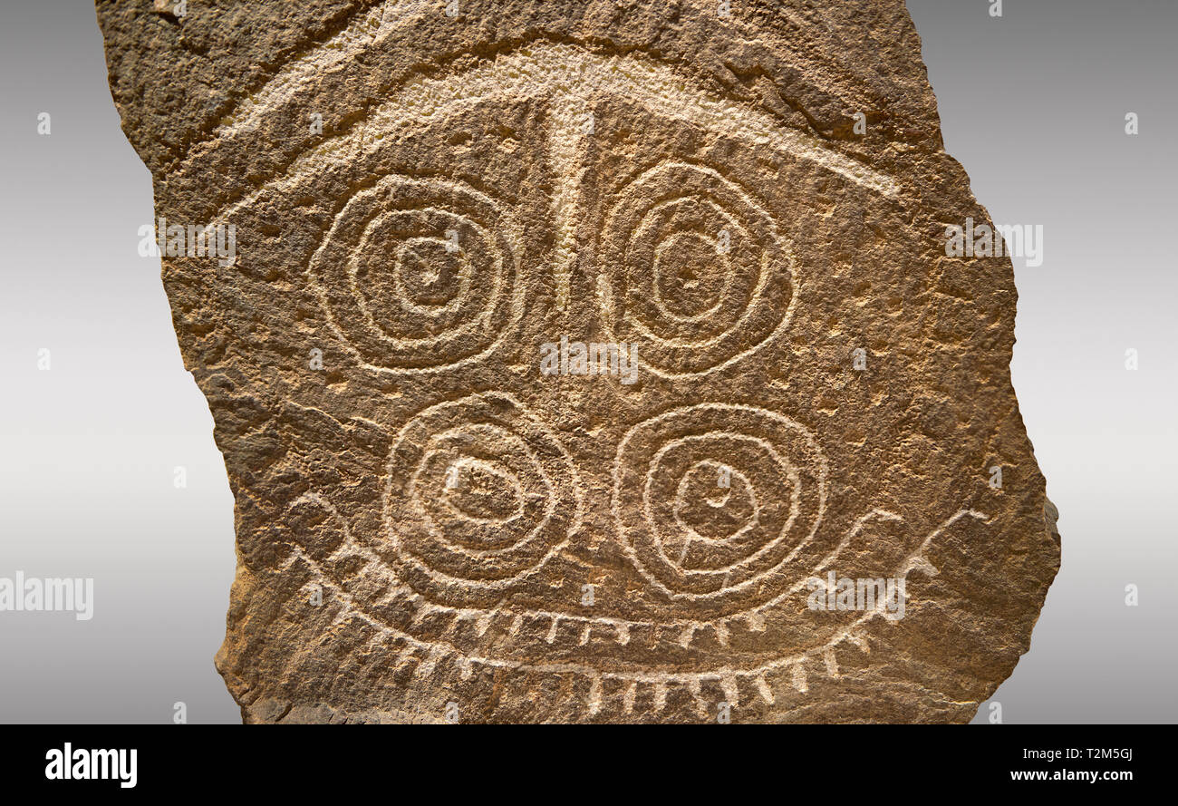Petroglifi preistorici, incisioni rupestri, di disegni geometrici scolpiti dalla preistoria Camuni persone, Museo della Preistoria in Val Camonica, Italia Foto Stock