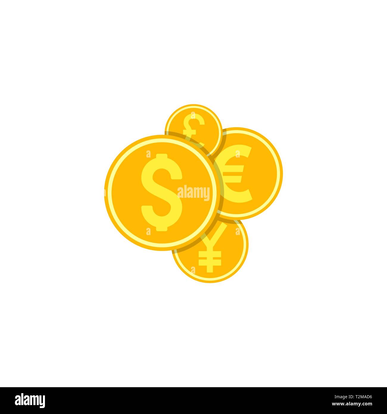 Monete. Le monete con valuta diversa vettore icona piatta isolati su sfondo bianco Illustrazione Vettoriale