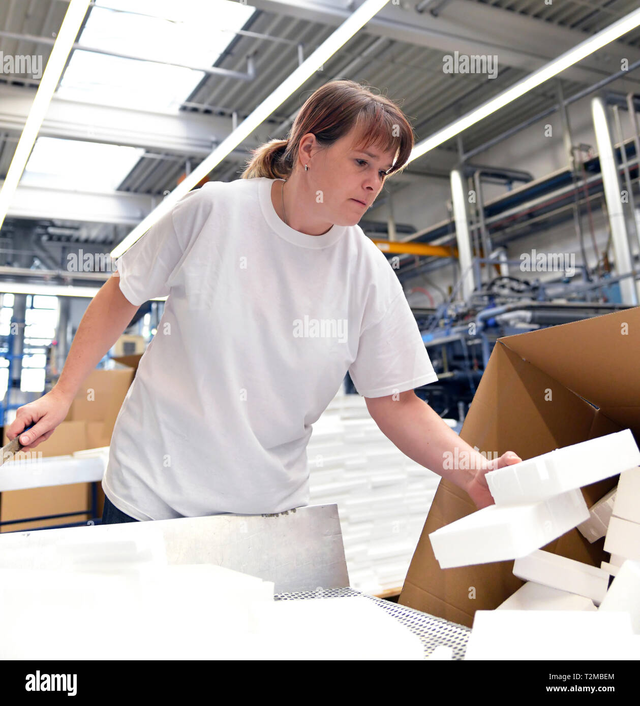 La donna lavora nel reparto di spedizione di una società e pacchi di elementi in polistirolo espanso in pacchetti per il cliente. Foto Stock