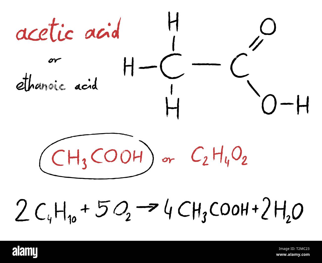 Acido acetico (acido etanoica) - Chimica organica lezione. Illustrazione Vettoriale