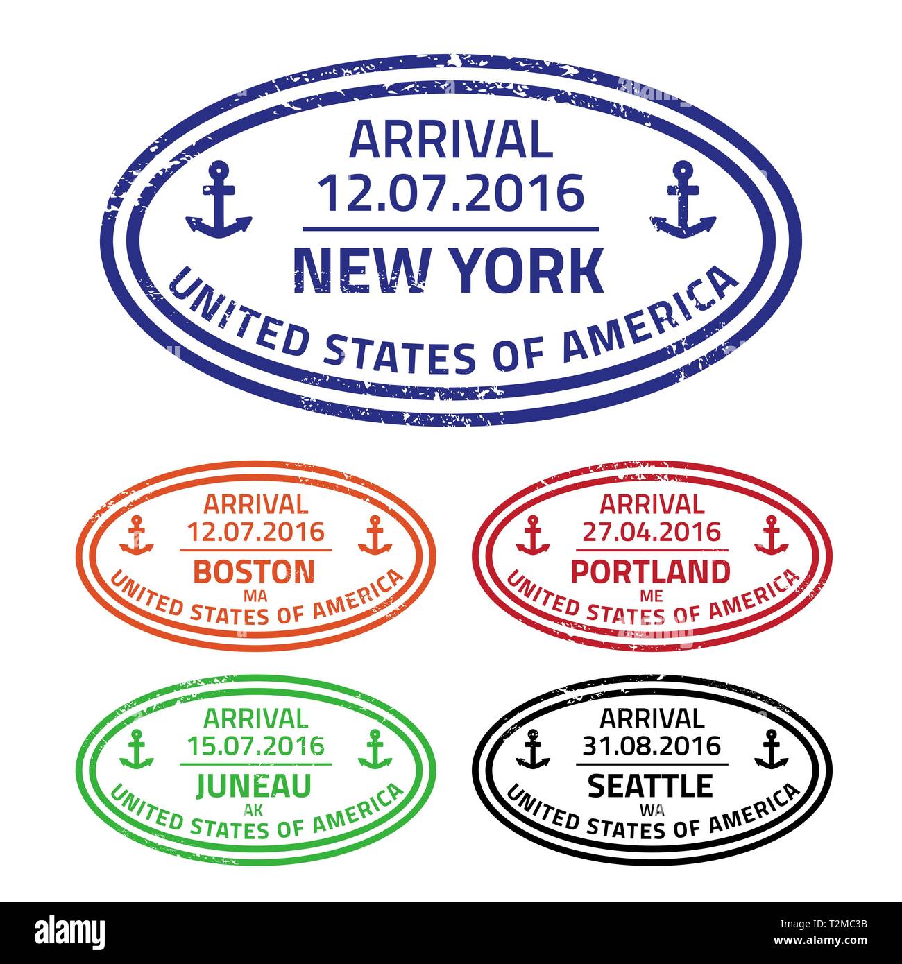 Francobolli di viaggio dai porti di mare - crociera destinazioni negli Stati Uniti. Illustrazione Vettoriale