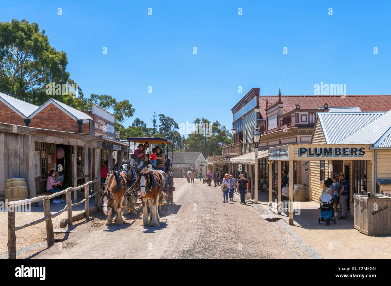 Strada di Sovereign Hill, un museo a cielo aperto in oro antico città mineraria di Ballarat, Victoria, Australia Foto Stock