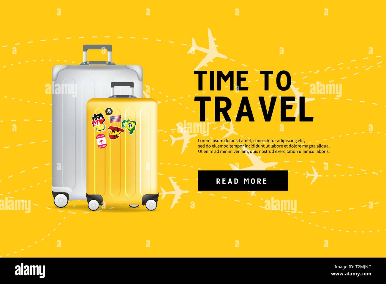 Il tempo di viaggio. Valigie da viaggio borsa modello di pagina di  intestazione. Viaggi e turismo concept Immagine e Vettoriale - Alamy