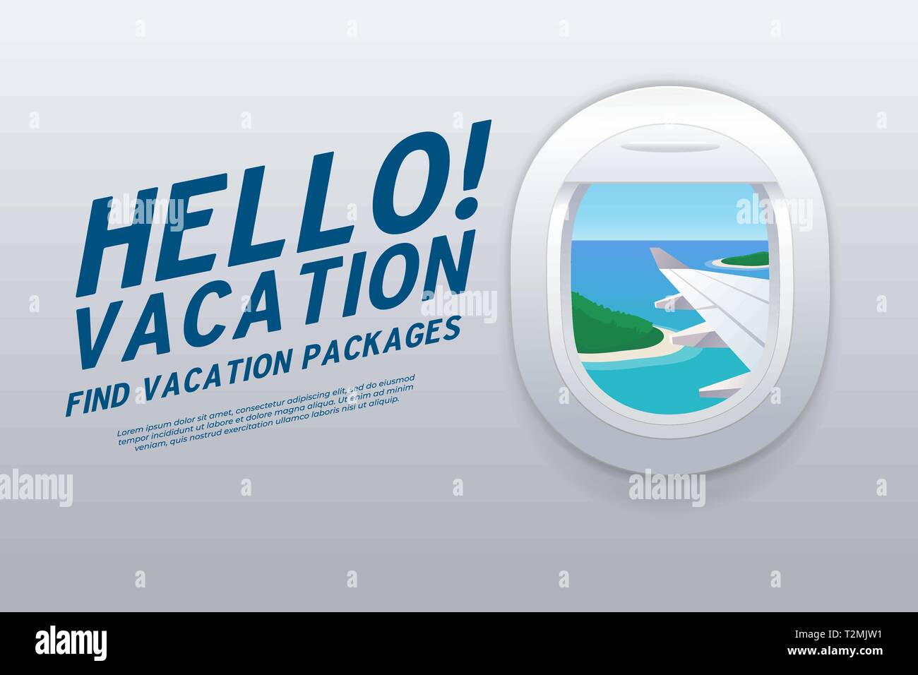 Ciao vacanza. Vista dalla finestra di aereo. Le destinazioni per le vacanze. Spiaggia tropicale. Illustrazione Vettoriale