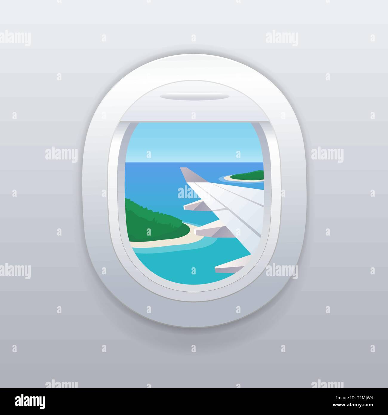 Vista dalla finestra di aereo. Le destinazioni per le vacanze. Spiaggia tropicale. Illustrazione Vettoriale