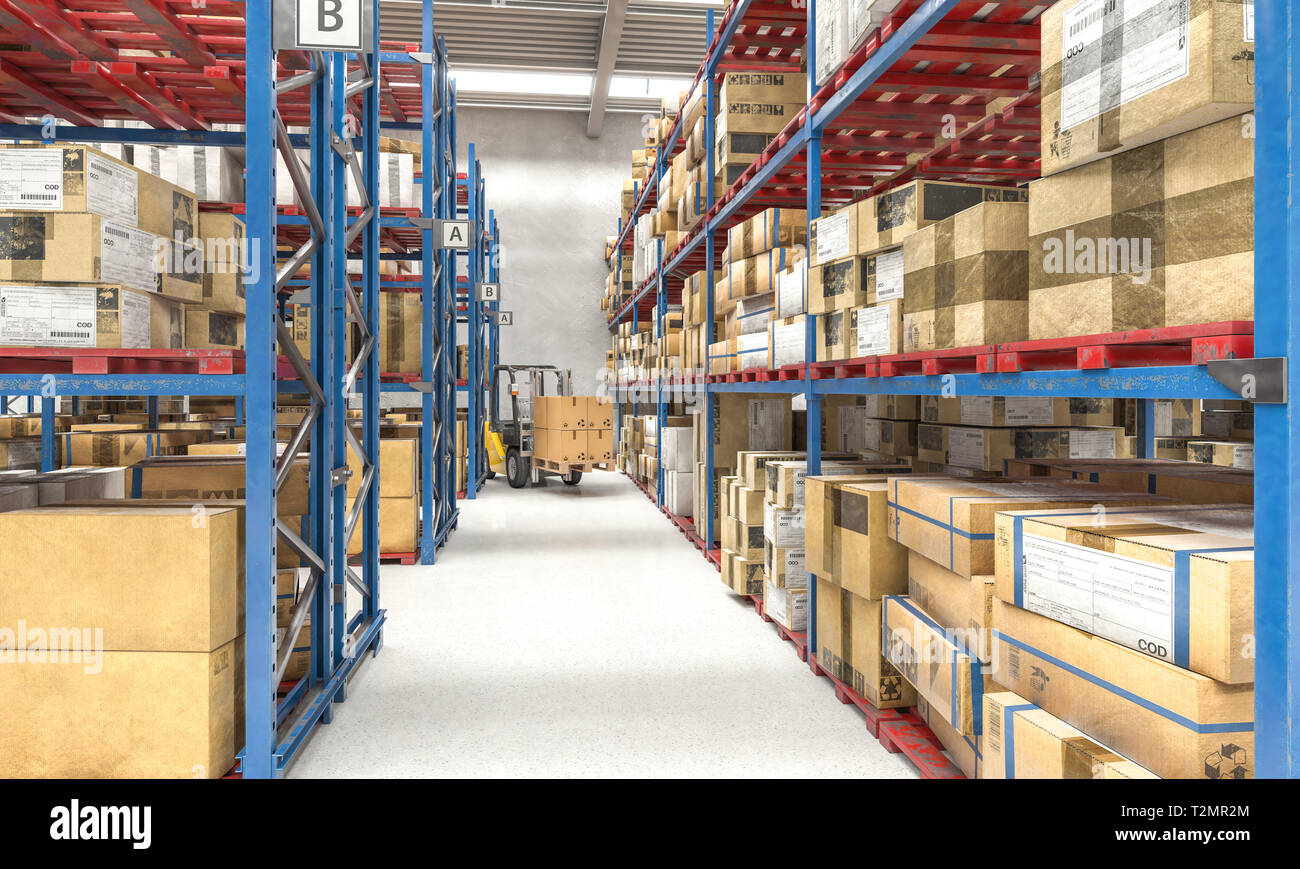 Carrello a lavorare in un magazzino pieno di pallet e pacchi, ordinamento di un centro logistico. 3D render image. Foto Stock