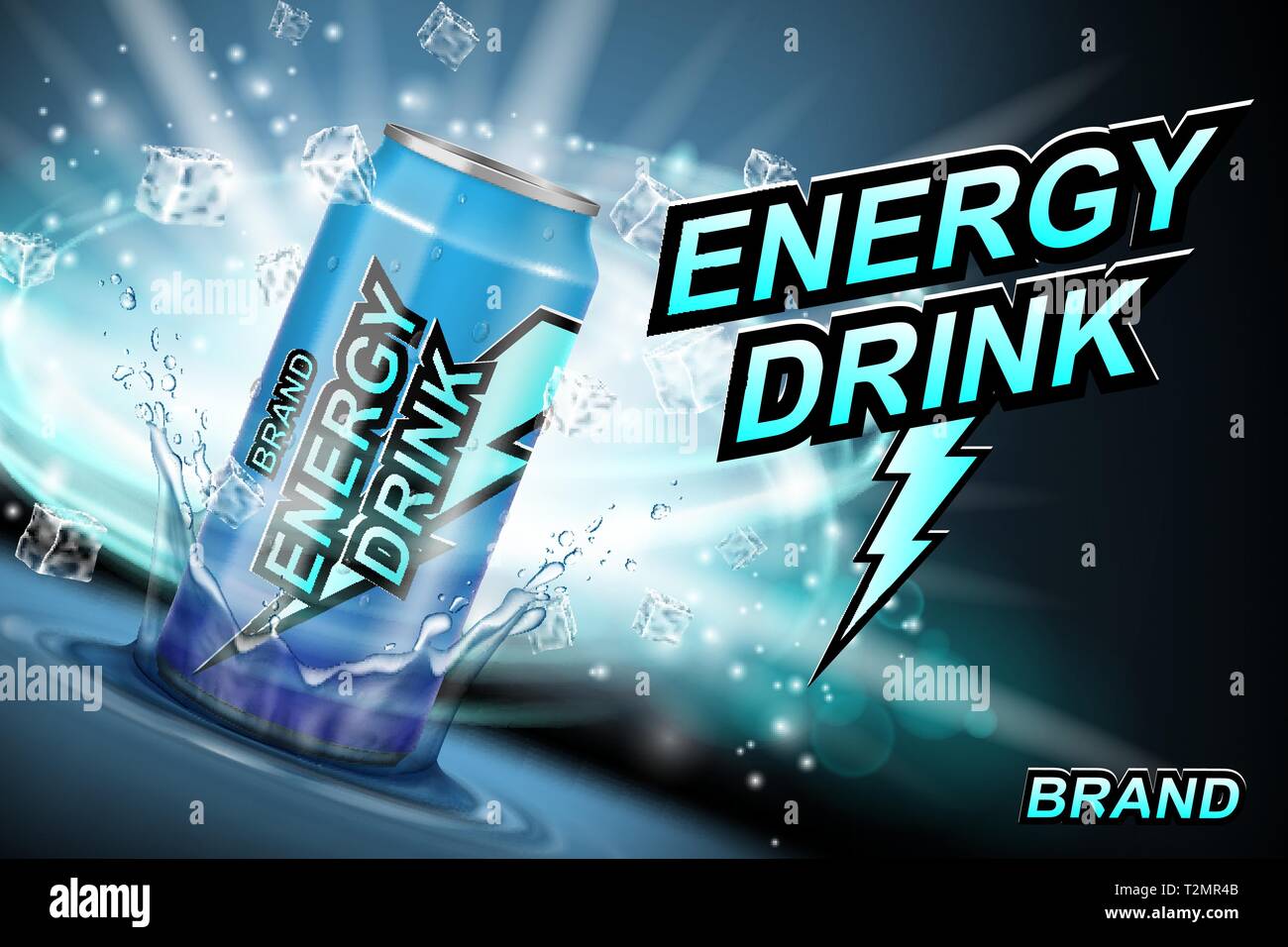 Etichette di bevande energetiche con cubetti di ghiaccio e schizzi al buio. Design realistico dei fulmini, bevanda energetica per poster o banner. 3D vettoriale Illustrazione Vettoriale
