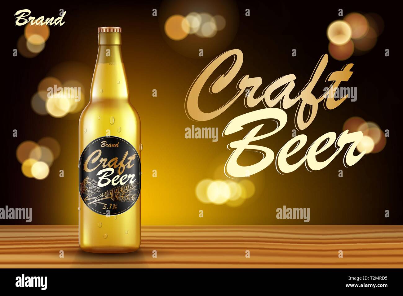 Artigianato birra annunci di progettazione. Birra in bottiglia di malto realistica su tavolo di legno con sfondo dorato retro. Illustrazione vettoriale 3d Illustrazione Vettoriale