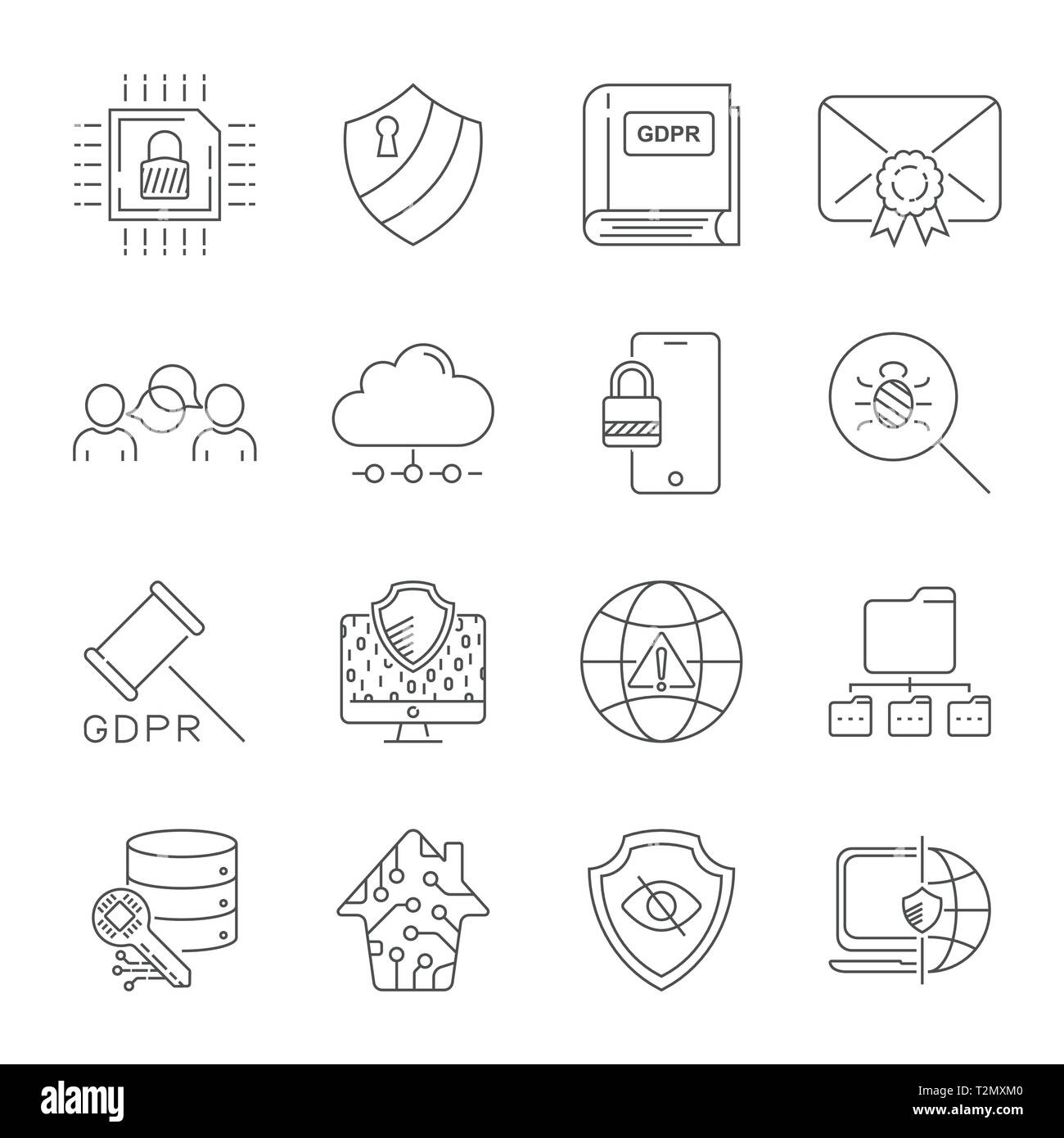 La tecnologia di Internet, servizi online. i dati e le informazioni di sicurezza, la tecnologia di connessione, il PILR. Linea sottile web icon set. Corsa modificabile. EPS 10 Illustrazione Vettoriale