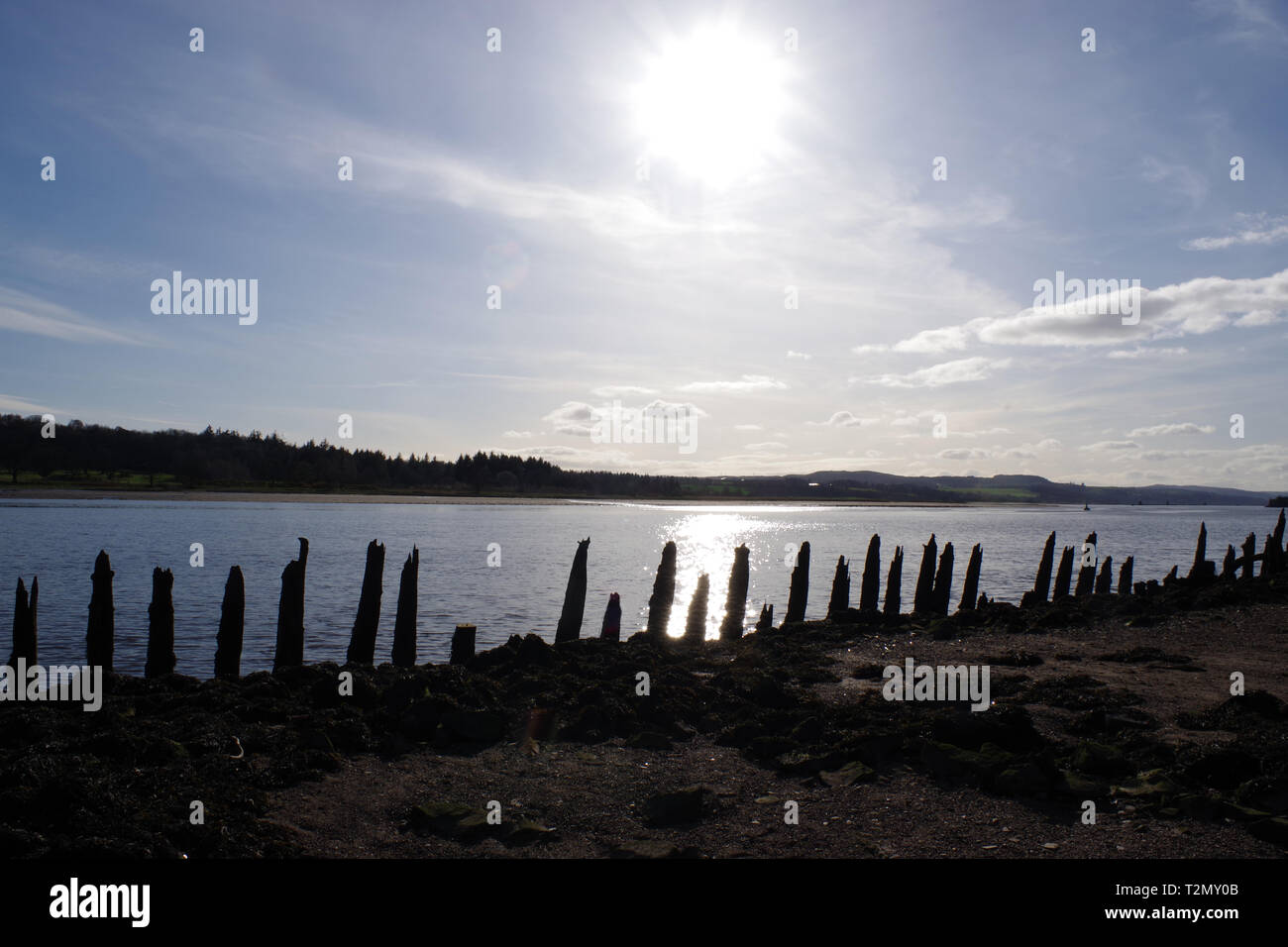 Il Bowling Harbour Beach, il sole che splende sul fiume Clyde, marciume legnami bloccata dall'acqua. Foto Stock