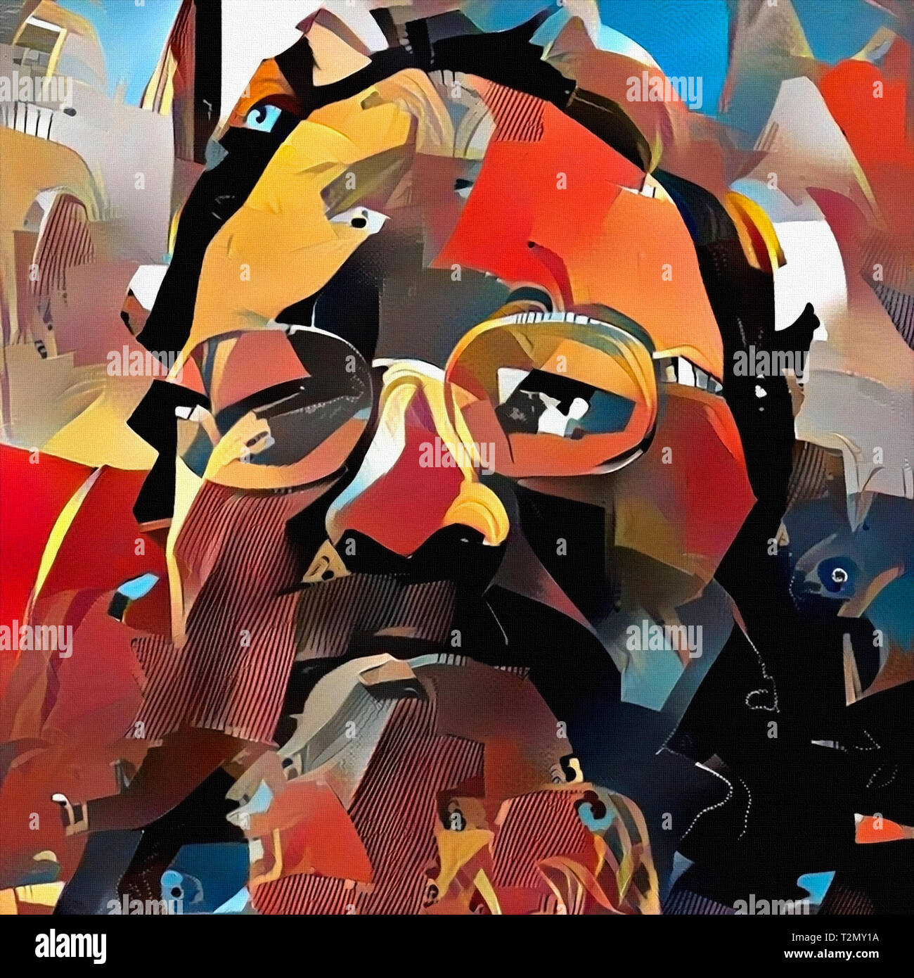 Una pittura astratta. Ritratto di Uomo con occhiali. Colori saturi Foto Stock